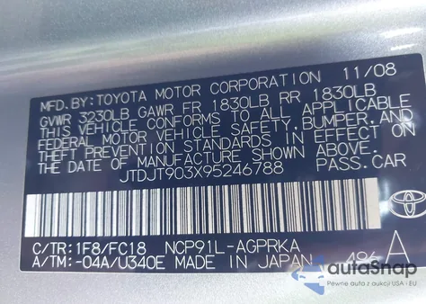 2009 Toyota Yaris from USA, damaged, VIN JTDJT903X95246788